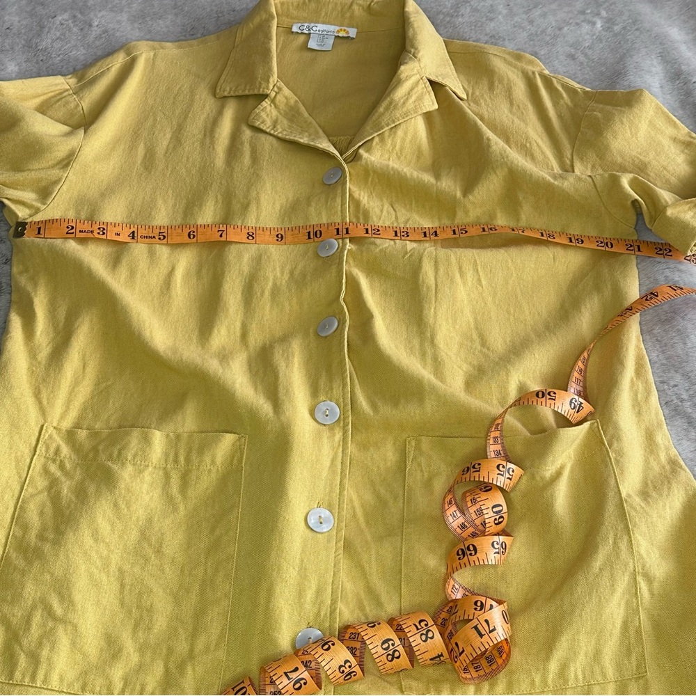 Yellow Linen Blend Short Sleeve Shirt With Pockets, Lagenlook, Beach Cover-up - Picture 10 of 11